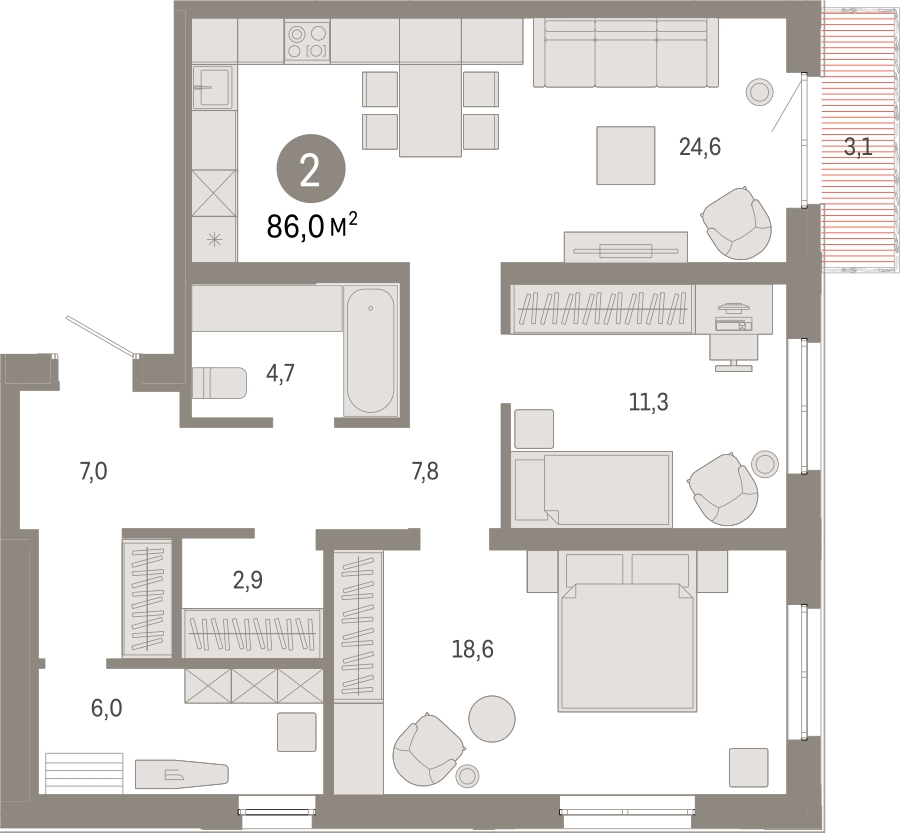 2-комнатная квартира с отделкой в ЖК Прео на 18 этаже в 2 секции. Сдача в 4 кв. 2025 г.