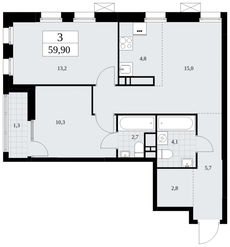 3-комнатная квартира с отделкой в ЖК Прео на 19 этаже в 1 секции. Сдача в 4 кв. 2024 г.