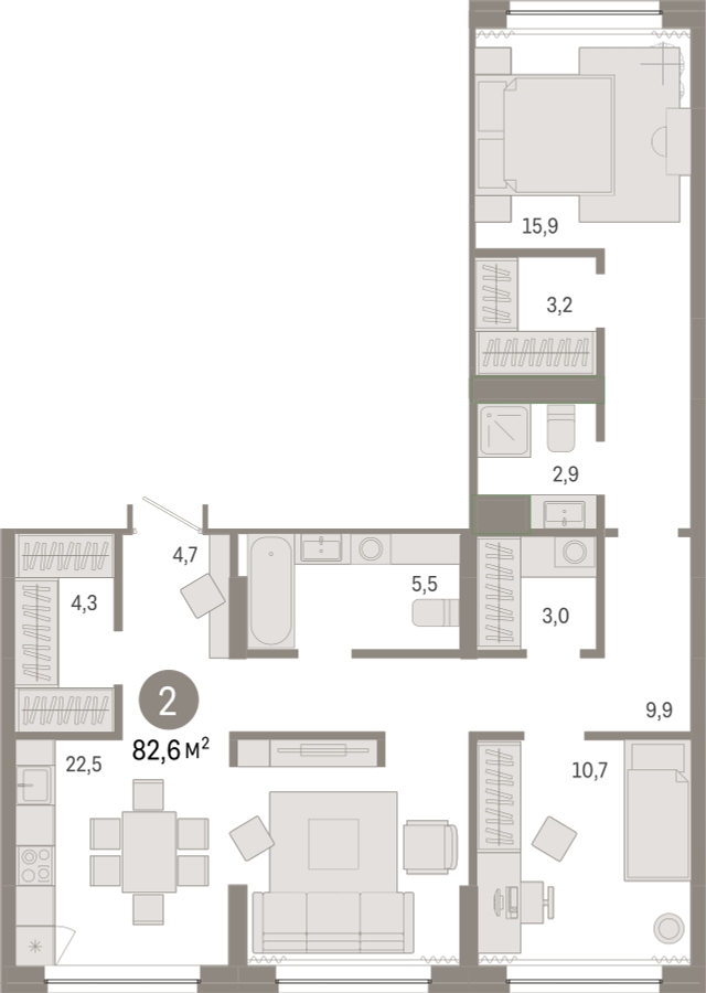 3-комнатная квартира с отделкой в ЖК Прео на 6 этаже в 2 секции. Сдача в 4 кв. 2025 г.