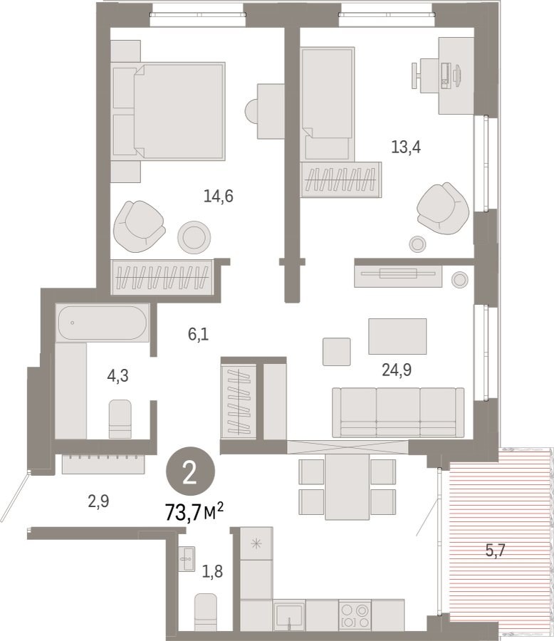 2-комнатная квартира с отделкой в ЖК Прео на 20 этаже в 2 секции. Сдача в 4 кв. 2025 г.