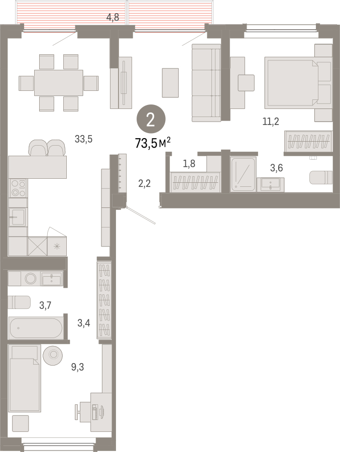 2-комнатная квартира с отделкой в Квартал Депо на 2 этаже в 5 секции. Сдача в 2 кв. 2024 г.