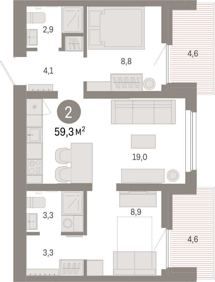 2-комнатная квартира с отделкой в Квартал Депо на 7 этаже в 1 секции. Сдача в 2 кв. 2024 г.