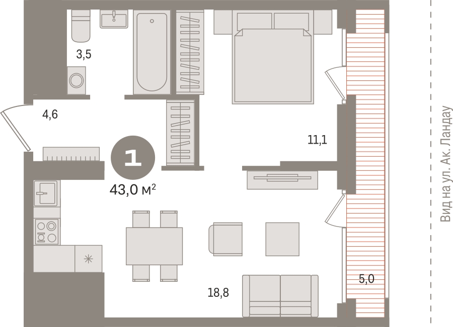 1-комнатная квартира в Брусника в Академическом на 2 этаже в 1 секции. Сдача в 2 кв. 2024 г.