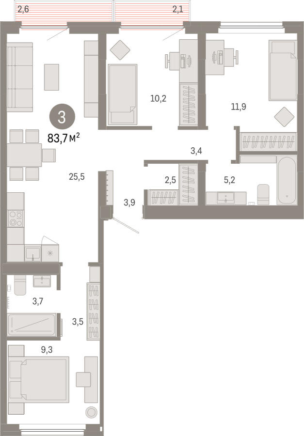 3-комнатная квартира с отделкой в ЖК Прео на 6 этаже в 3 секции. Сдача в 4 кв. 2025 г.