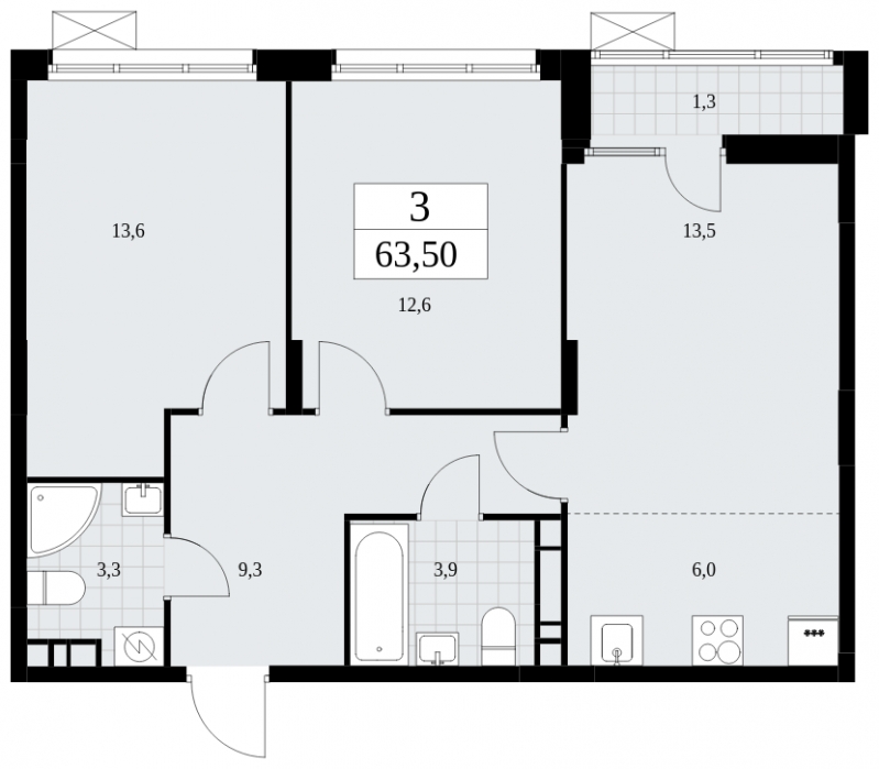 1-комнатная квартира с отделкой в Жилой район Южные кварталы на 2 этаже в 1 секции. Сдача в 3 кв. 2026 г.