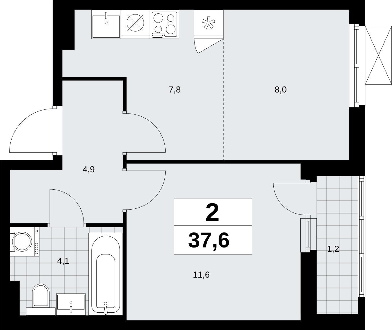 1-комнатная квартира с отделкой в Жилой район Южные кварталы на 2 этаже в 2 секции. Сдача в 3 кв. 2026 г.