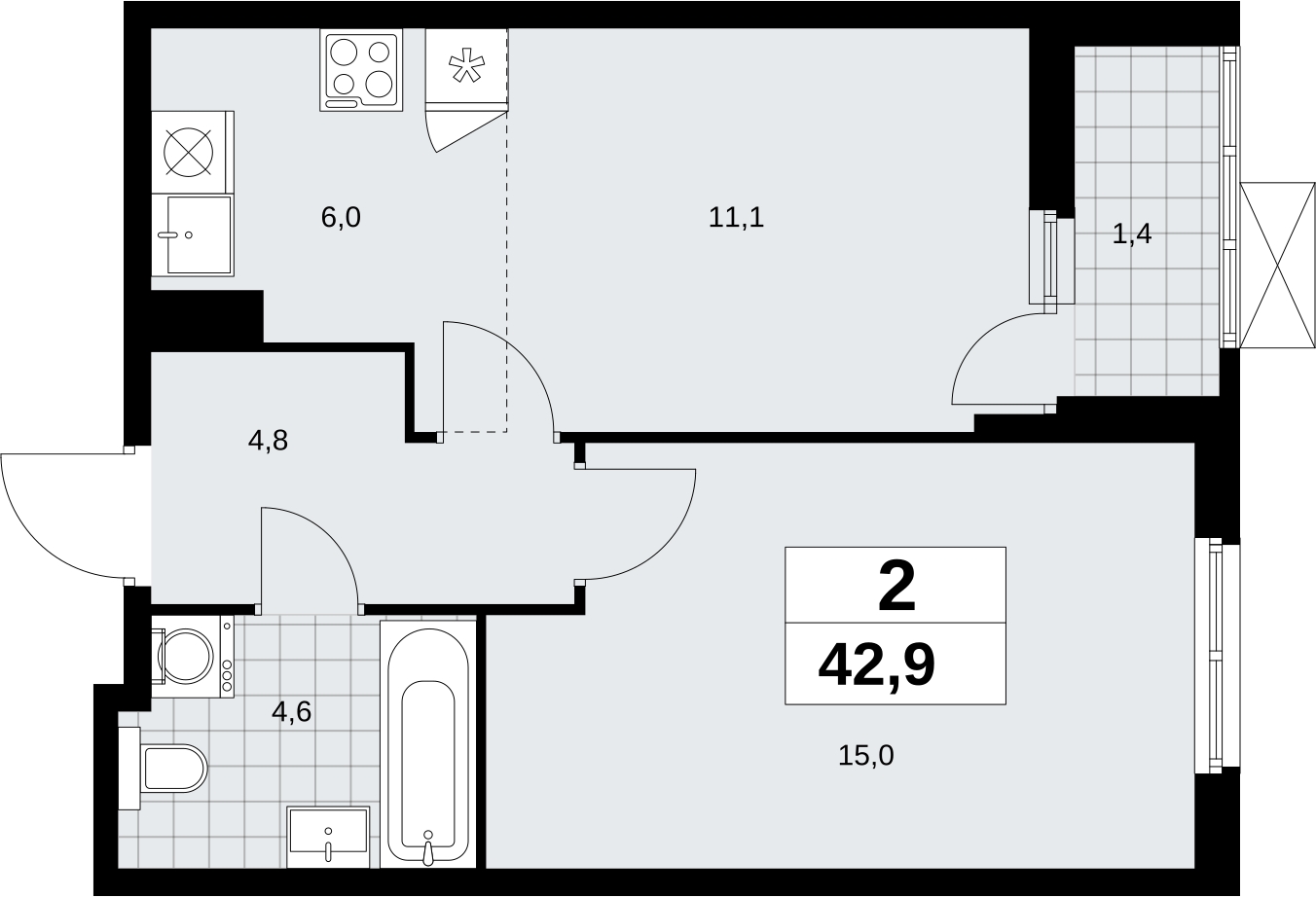 3-комнатная квартира с отделкой в Жилой район Южные кварталы на 4 этаже в 6 секции. Сдача в 3 кв. 2026 г.