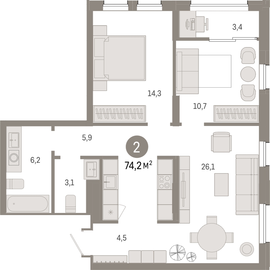 3-комнатная квартира с отделкой в Жилой район Южные кварталы на 7 этаже в 6 секции. Сдача в 3 кв. 2026 г.