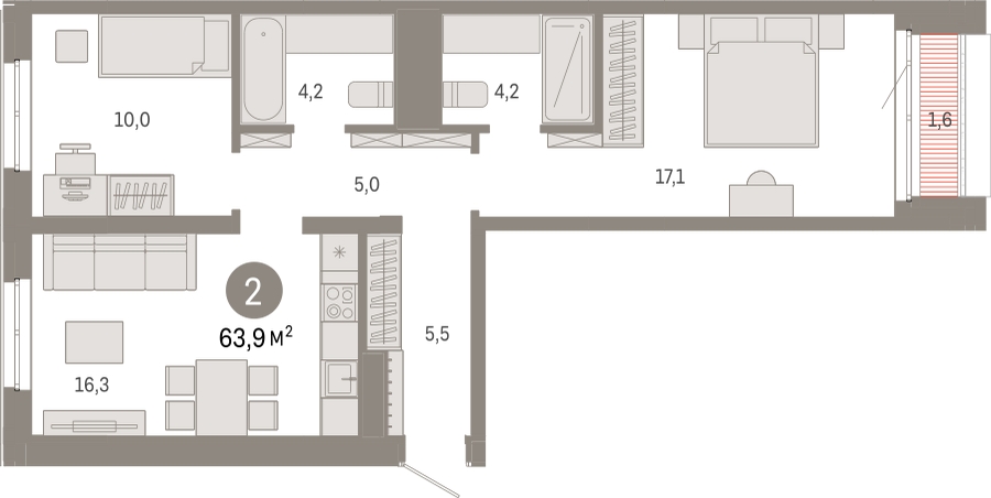 2-комнатная квартира с отделкой в Жилой район Южные кварталы на 6 этаже в 4 секции. Сдача в 3 кв. 2026 г.