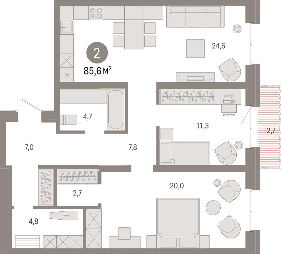 3-комнатная квартира с отделкой в Жилой район Южные кварталы на 2 этаже в 3 секции. Сдача в 3 кв. 2026 г.