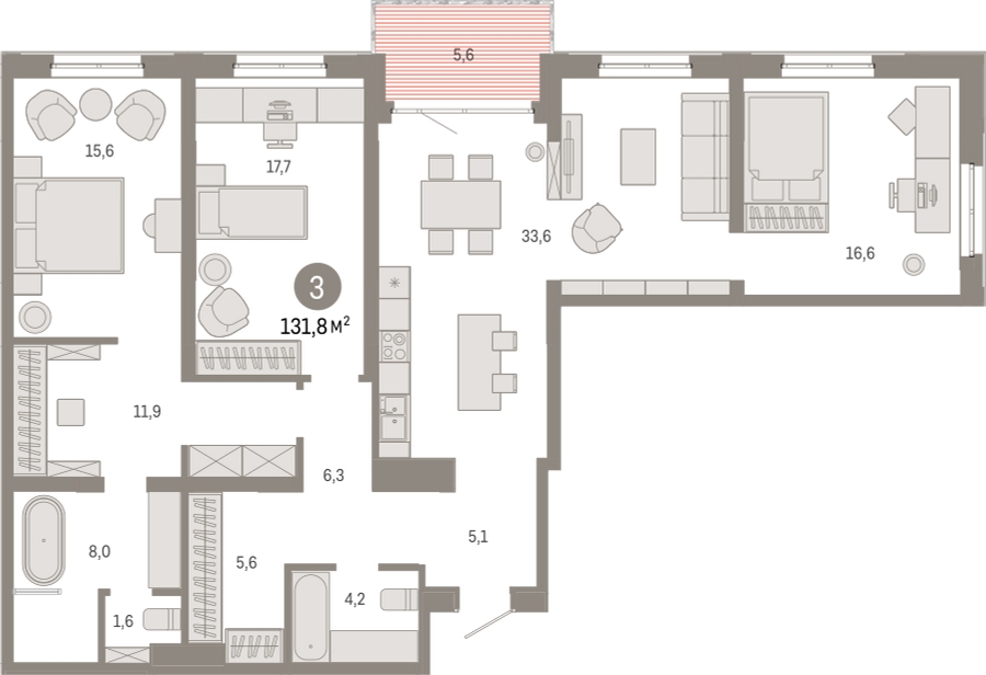 3-комнатная квартира с отделкой в Жилой район Южные кварталы на 2 этаже в 1 секции. Сдача в 3 кв. 2026 г.