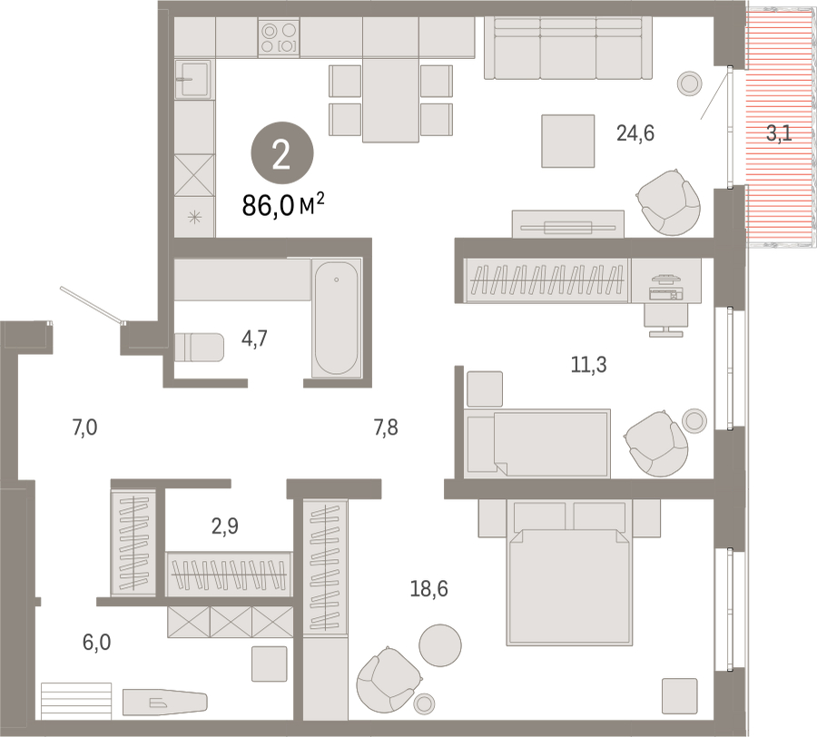 2-комнатная квартира с отделкой в Жилой район Южные кварталы на 9 этаже в 6 секции. Сдача в 3 кв. 2026 г.