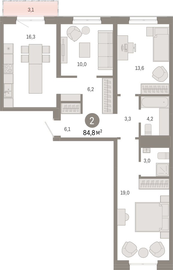 3-комнатная квартира с отделкой в Жилой район Южные кварталы на 3 этаже в 2 секции. Сдача в 3 кв. 2026 г.