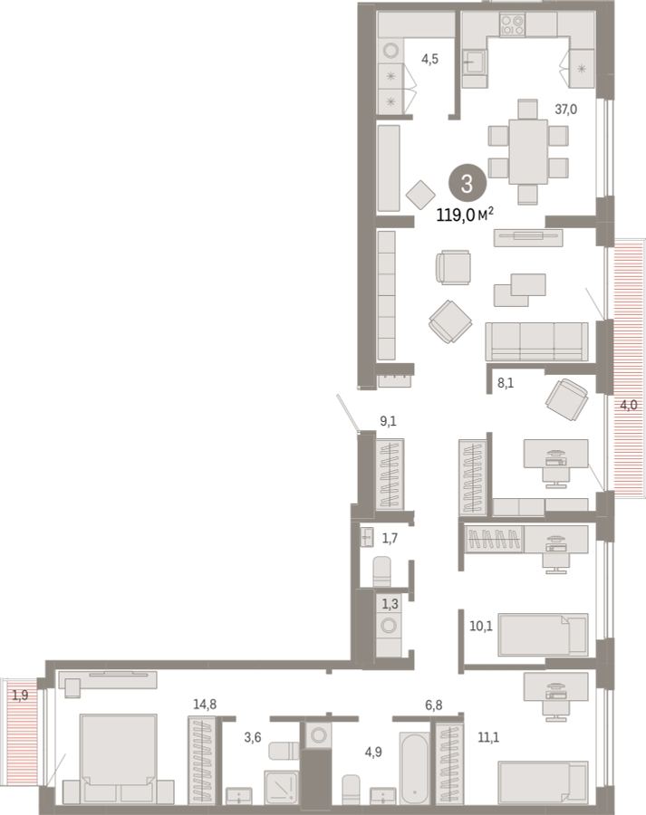 4-комнатная квартира в ЖК Дзен-кварталы на 9 этаже в 5 секции. Сдача в 2 кв. 2025 г.