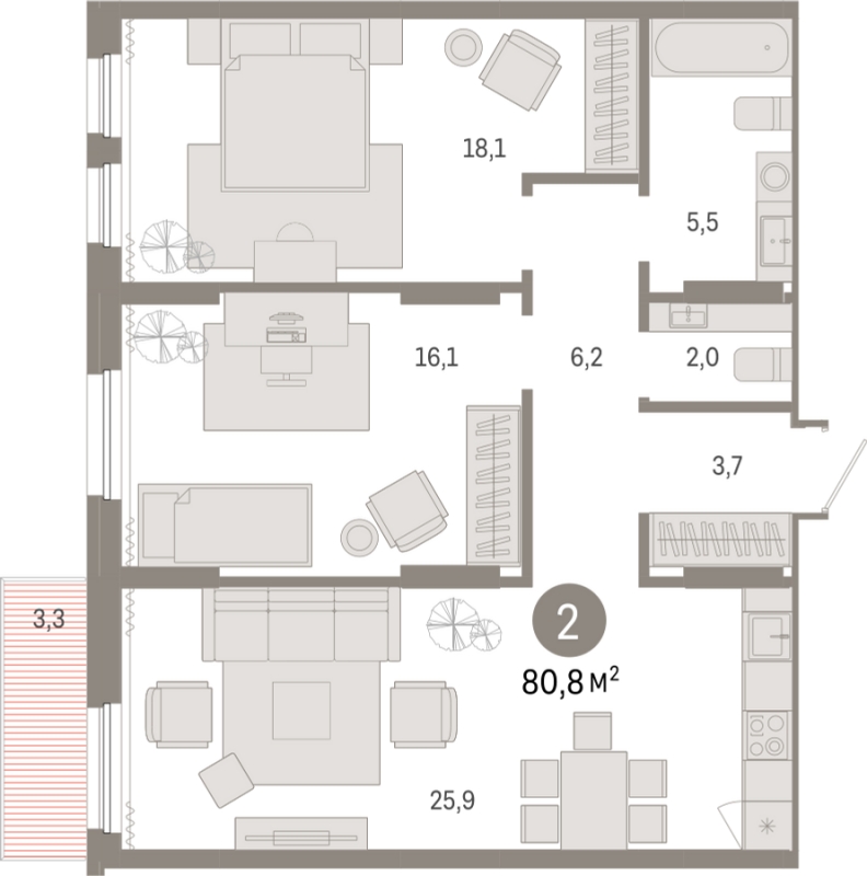 3-комнатная квартира с отделкой в Брусника в Академическом на 5 этаже в 6 секции. Сдача в 3 кв. 2026 г.