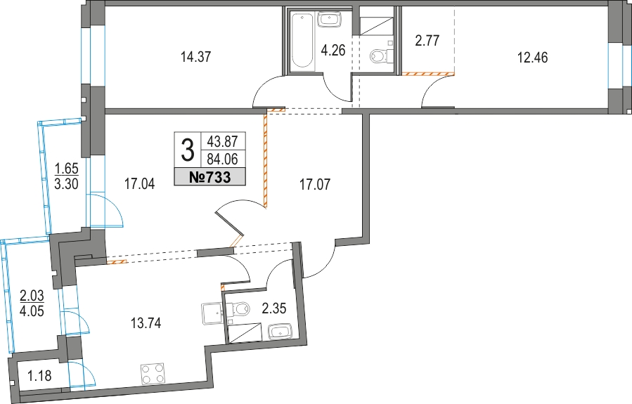 1-комнатная квартира в Брусника в Академическом на 2 этаже в 1 секции. Сдача в 2 кв. 2024 г.