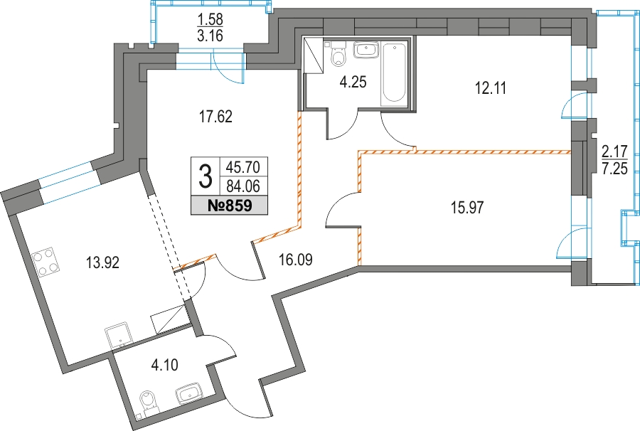 2-комнатная квартира с отделкой в Квартал Депо на 8 этаже в 3 секции. Сдача в 2 кв. 2024 г.