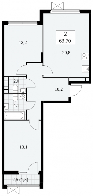 2-комнатная квартира в ЖК Sky Skolkovo на 8 этаже в 2 секции. Дом сдан.