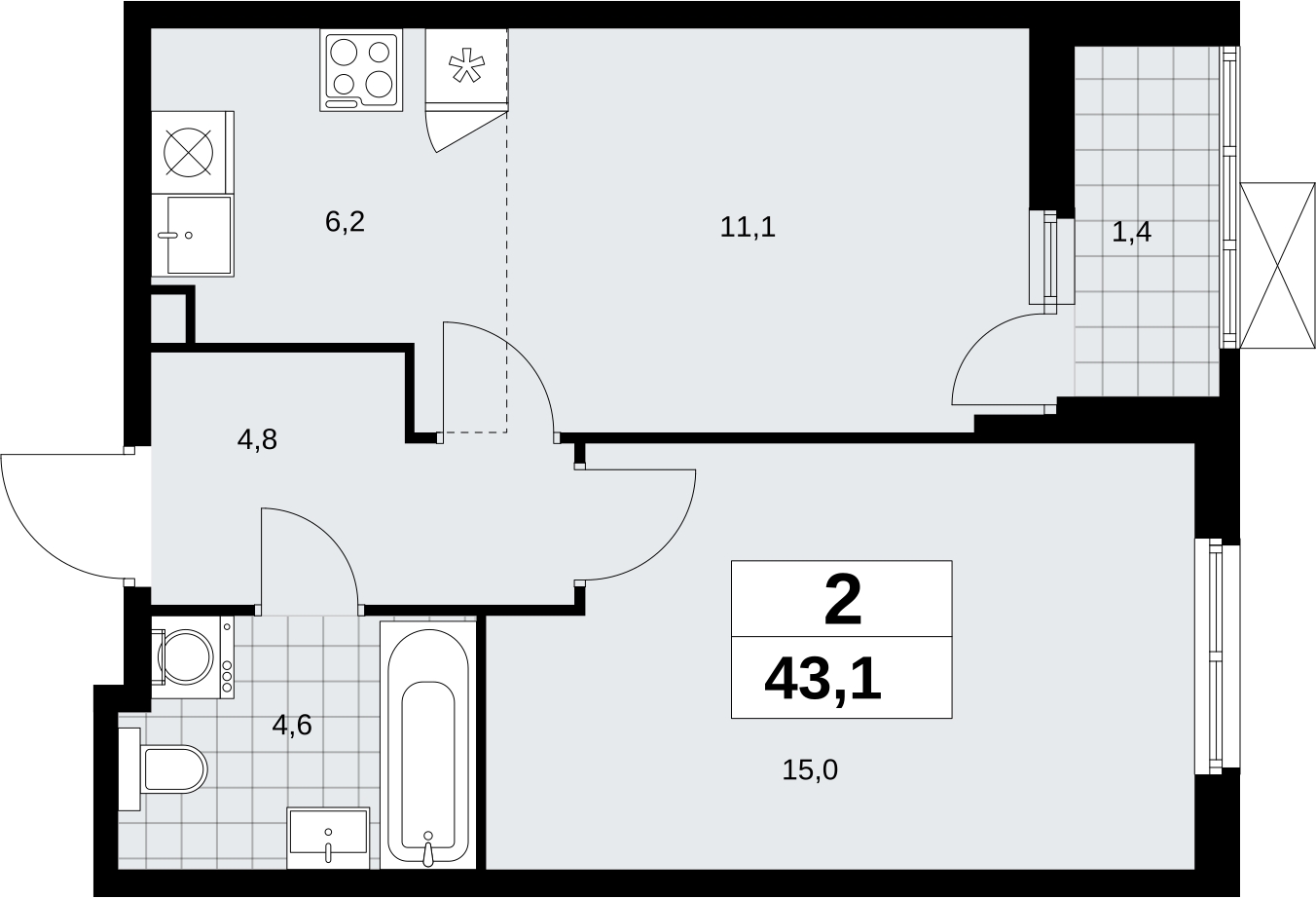 2-комнатная квартира с отделкой в Квартал Депо на 14 этаже в 6 секции. Сдача в 2 кв. 2024 г.
