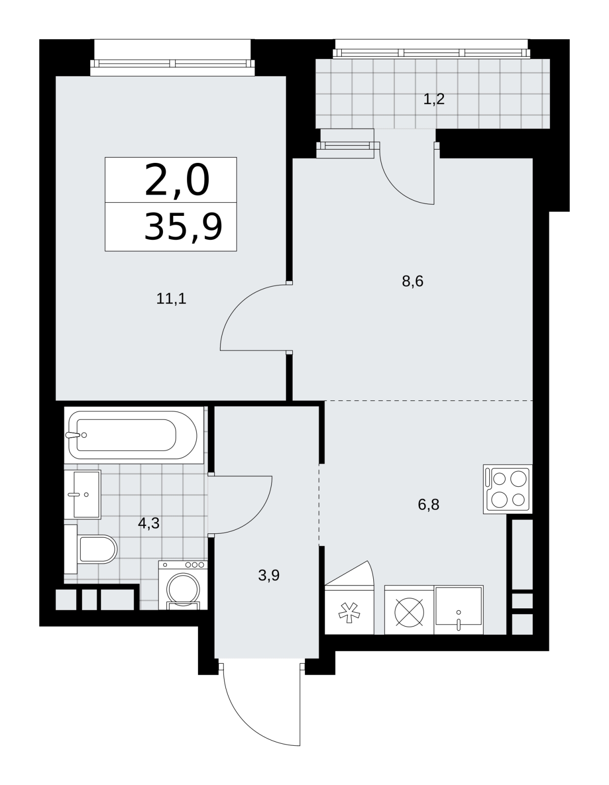 2-комнатная квартира в ЖК Дзен-кварталы на 3 этаже в 1 секции. Сдача в 1 кв. 2026 г.