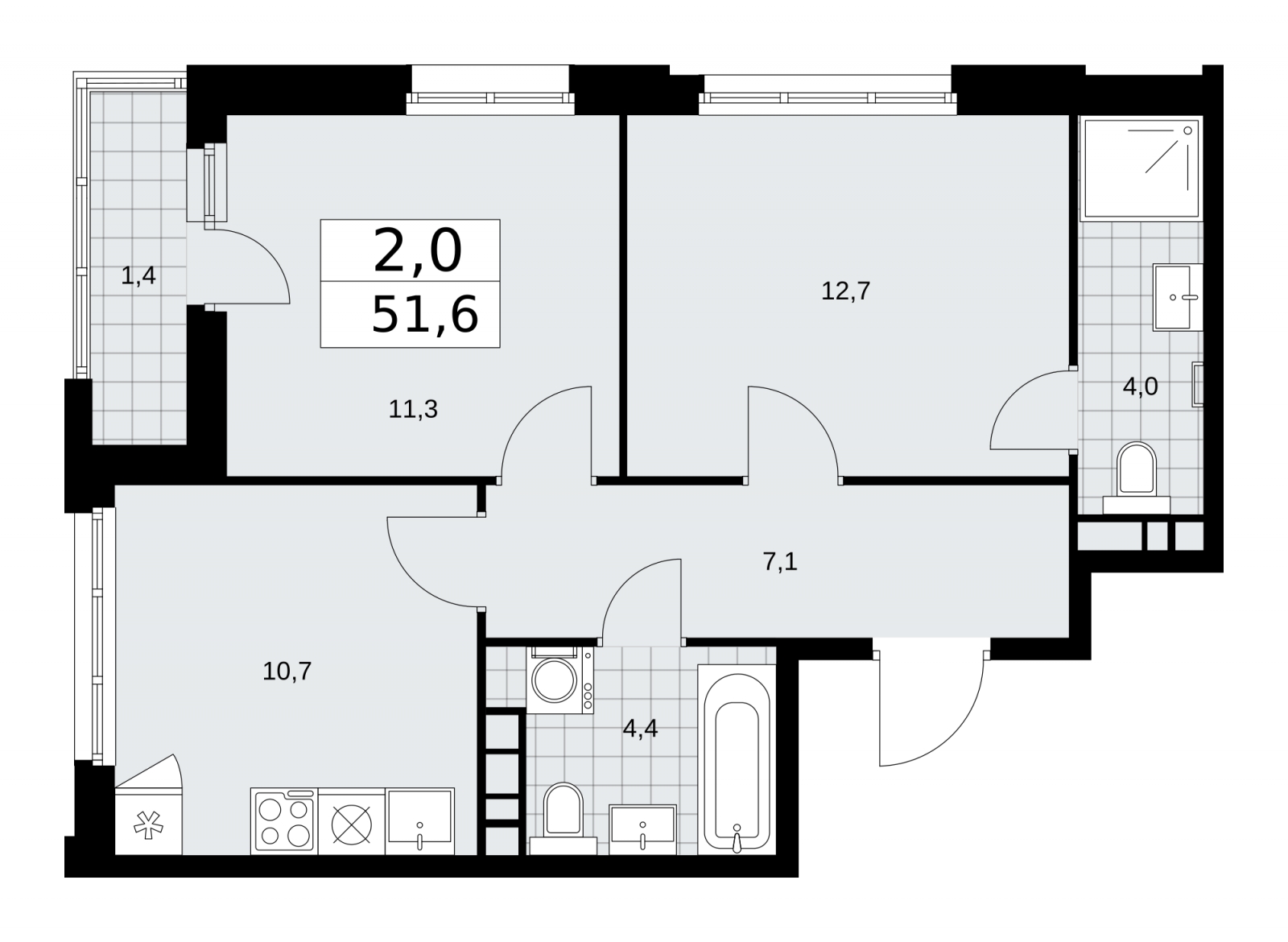 2-комнатная квартира в ЖК Дзен-кварталы на 6 этаже в 1 секции. Сдача в 1 кв. 2026 г.