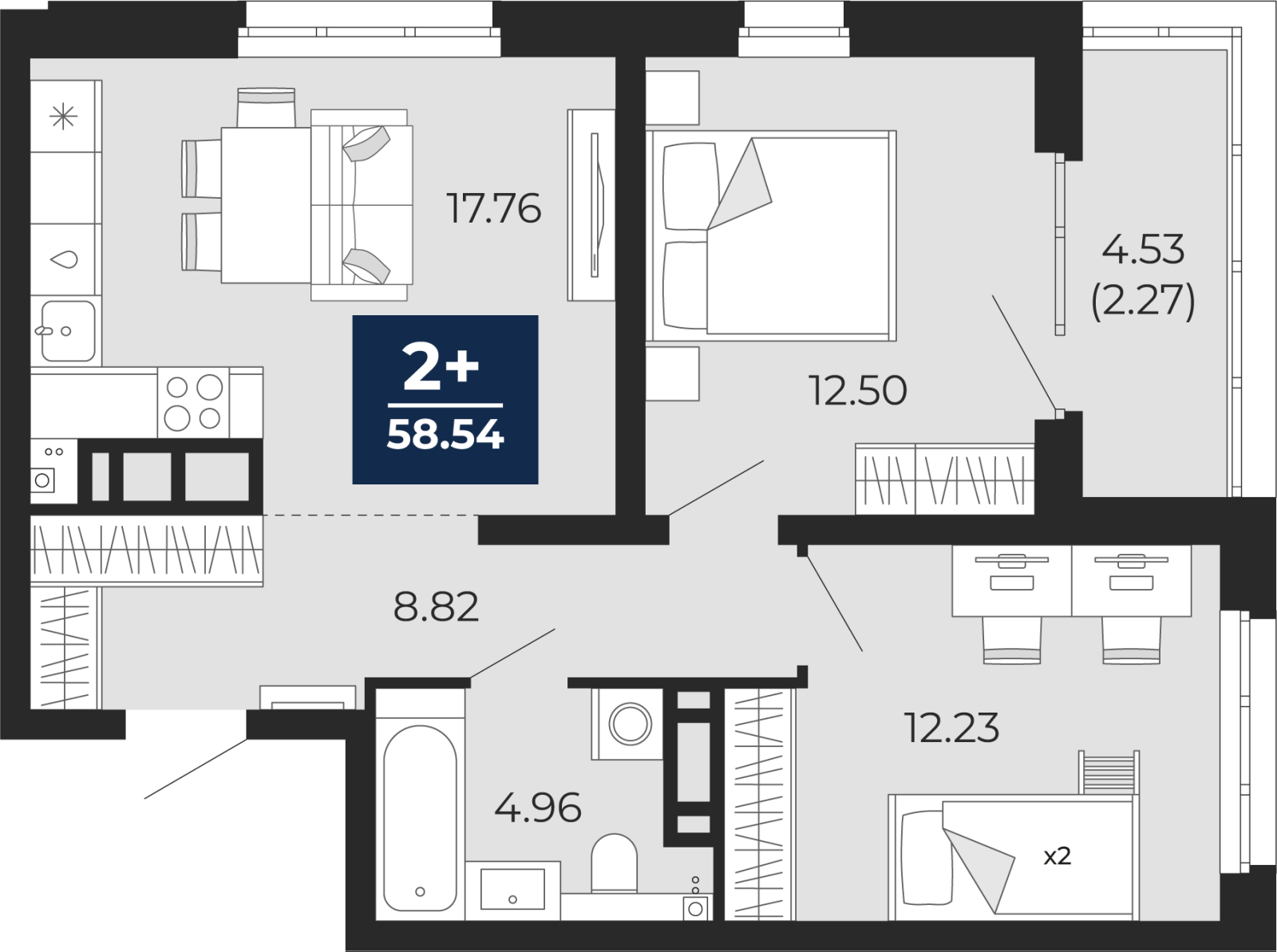 2-комнатная квартира в ЖК HomeCity на 5 этаже в 2 секции. Сдача в 1 кв. 2022 г.