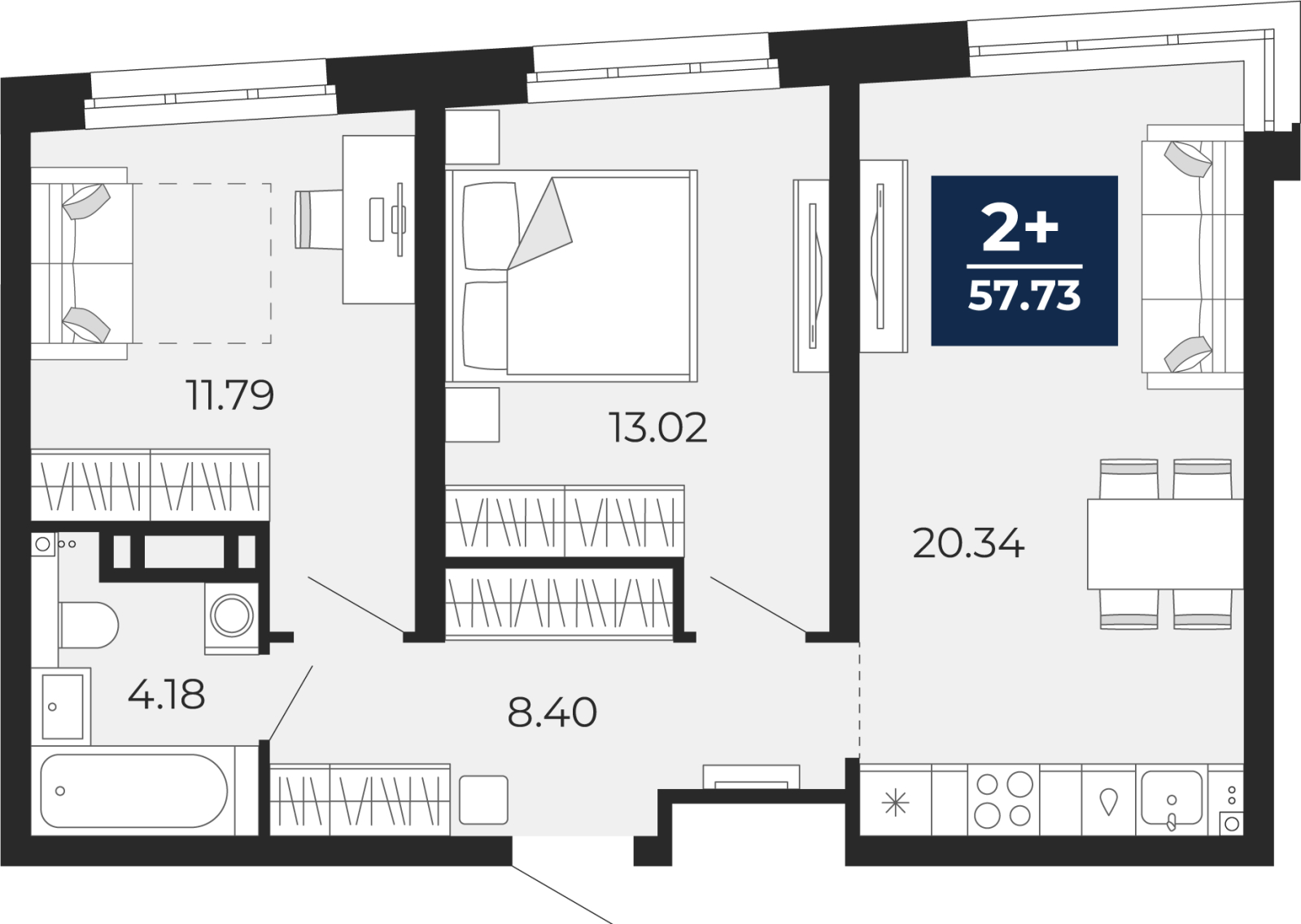 2-комнатная квартира в ЖК HomeCity на 6 этаже в 2 секции. Сдача в 1 кв. 2022 г.