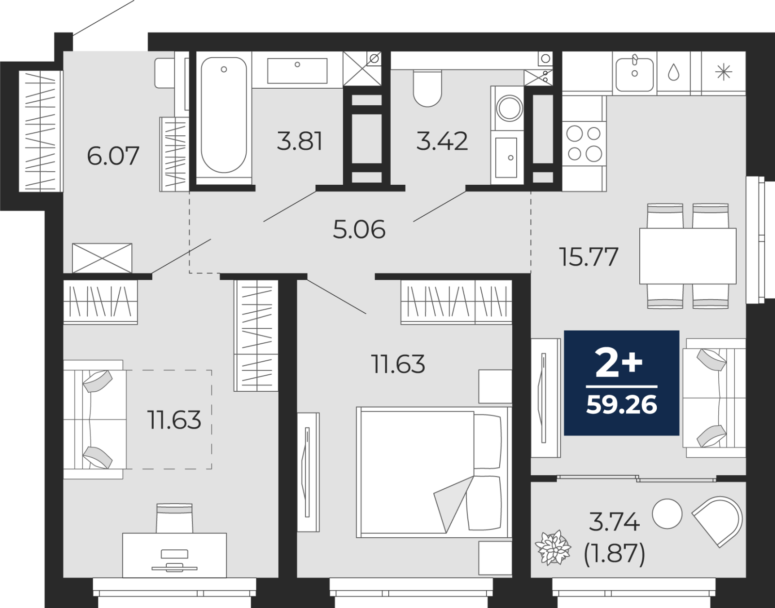 3-комнатная квартира в ЖК HomeCity на 2 этаже в 3 секции. Сдача в 1 кв. 2022 г.