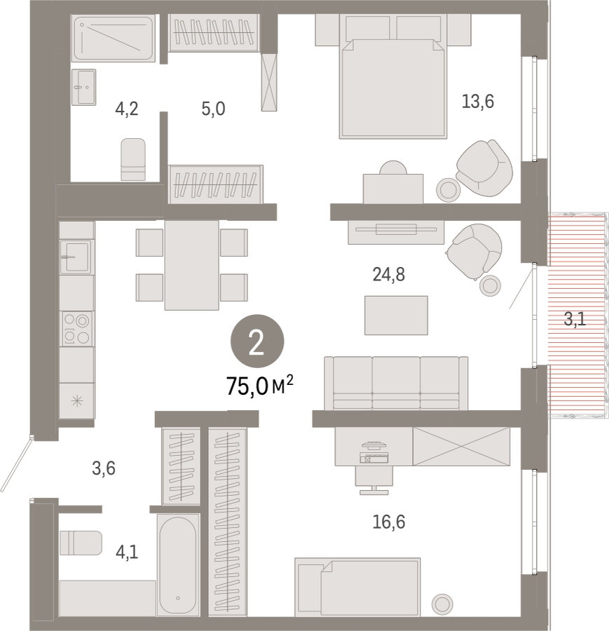 3-комнатная квартира в ЖК HomeCity на 5 этаже в 3 секции. Сдача в 1 кв. 2022 г.