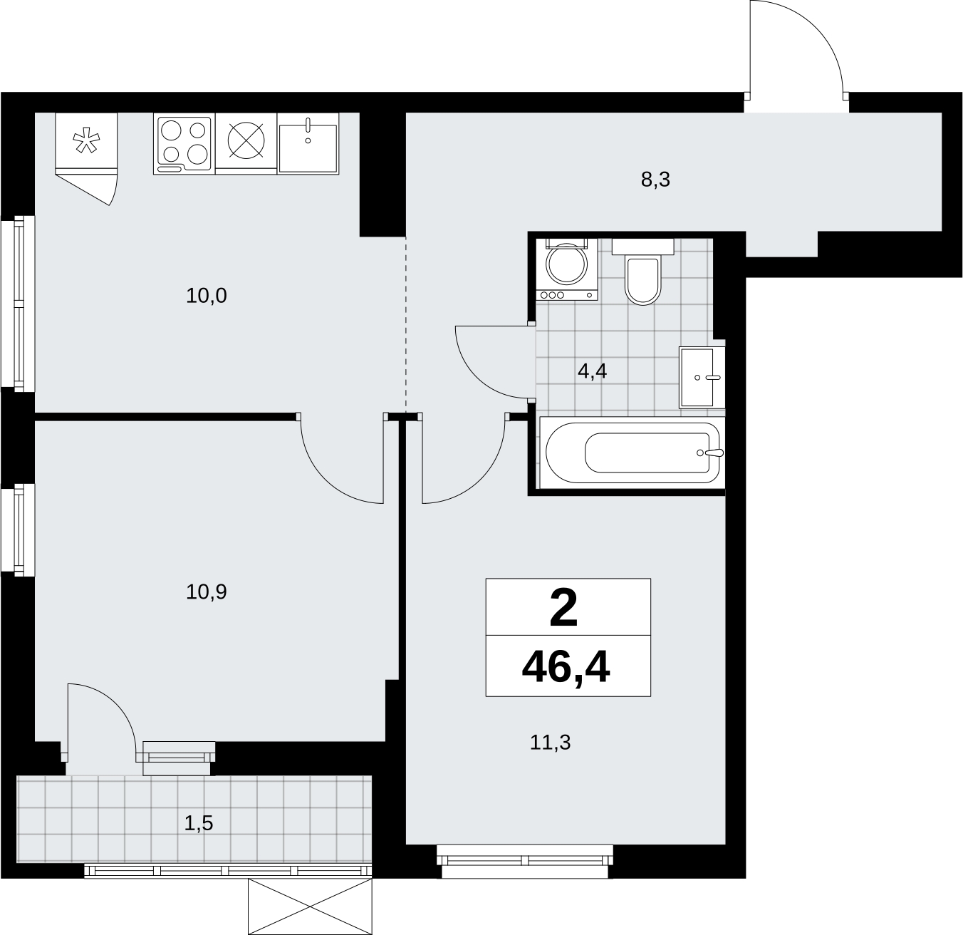 2-комнатная квартира в ЖК Дзен-кварталы на 9 этаже в 3 секции. Сдача в 1 кв. 2026 г.