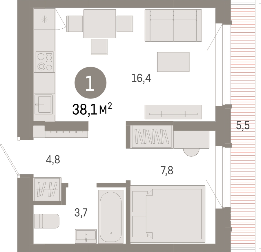 1-комнатная квартира с отделкой в ЖК Айвазовский City на 5 этаже в 7.4 секции. Сдача в 3 кв. 2026 г.
