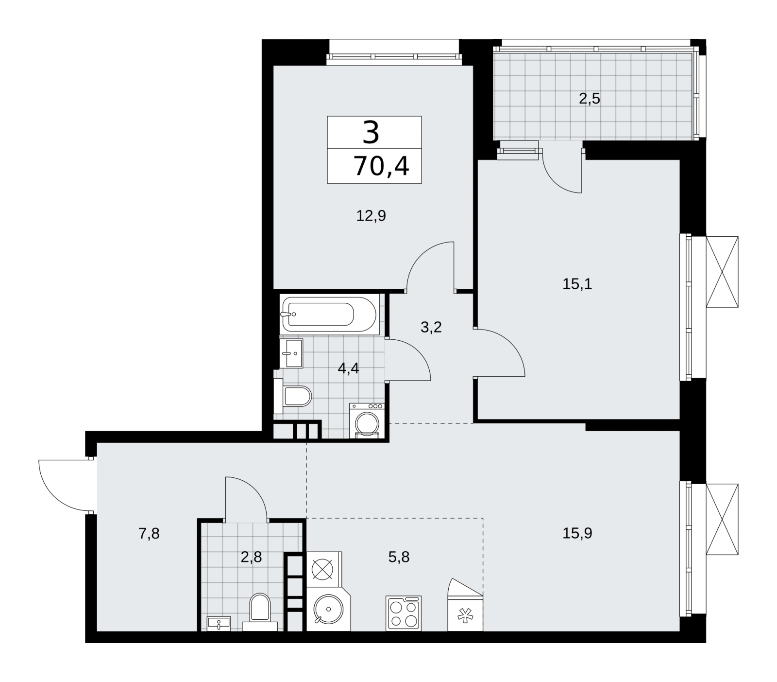 3-комнатная квартира с отделкой в ЖК Дзен-кварталы на 3 этаже в 3 секции. Сдача в 3 кв. 2025 г.