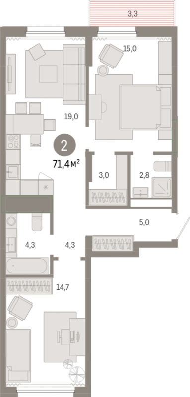 3-комнатная квартира в ЖК Белый Остров на 9 этаже в 1 секции. Сдача в 2 кв. 2023 г.