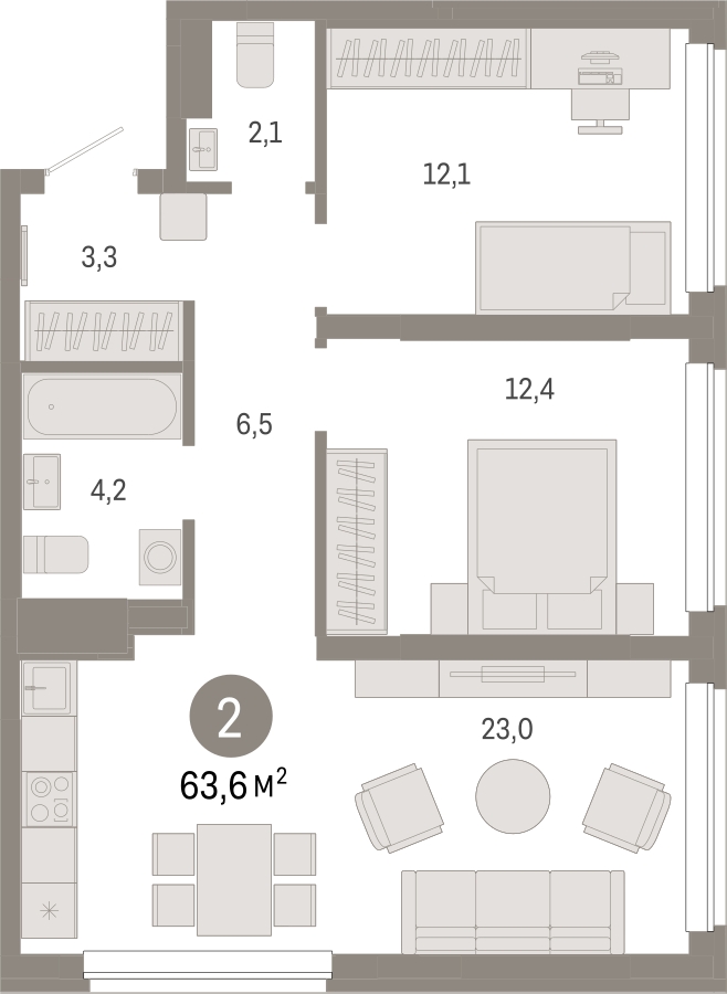 2-комнатная квартира с отделкой в Жилой район Шишимская горка на 3 этаже в 1 секции. Сдача в 4 кв. 2025 г.
