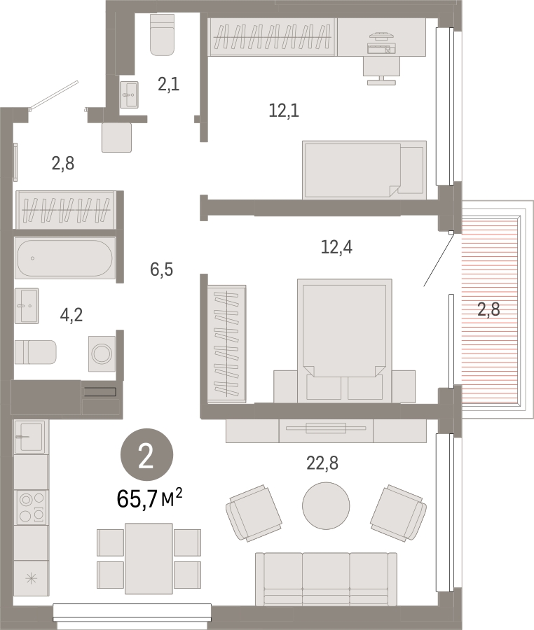 2-комнатная квартира в ЖК Дзен-кварталы на 14 этаже в 6 секции. Сдача в 1 кв. 2026 г.