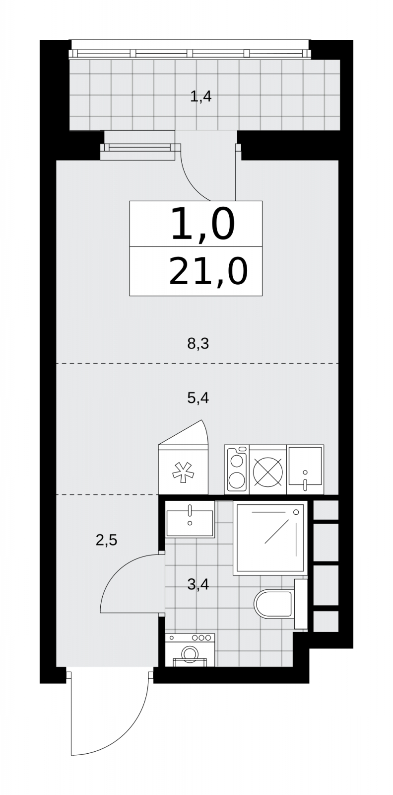 1-комнатная квартира (Студия) в ЖК Дзен-кварталы на 14 этаже в 1 секции. Сдача в 1 кв. 2025 г.