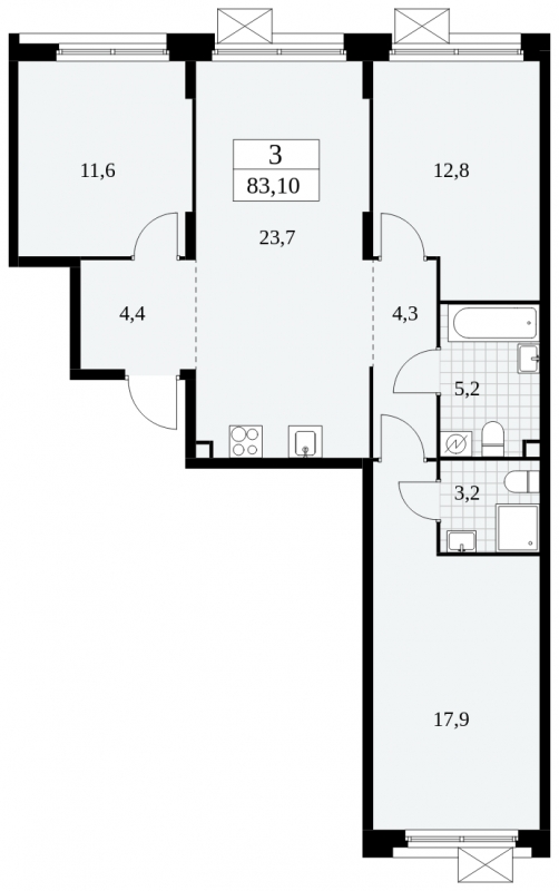 3-комнатная квартира в ЖК Скандинавия на 5 этаже в 1 секции. Сдача в 4 кв. 2024 г.