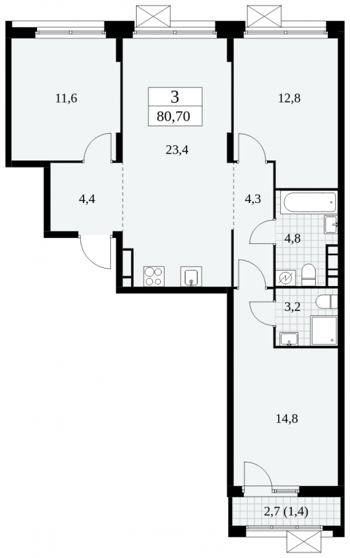 3-комнатная квартира в ЖК Скандинавия на 10 этаже в 1 секции. Сдача в 4 кв. 2024 г.