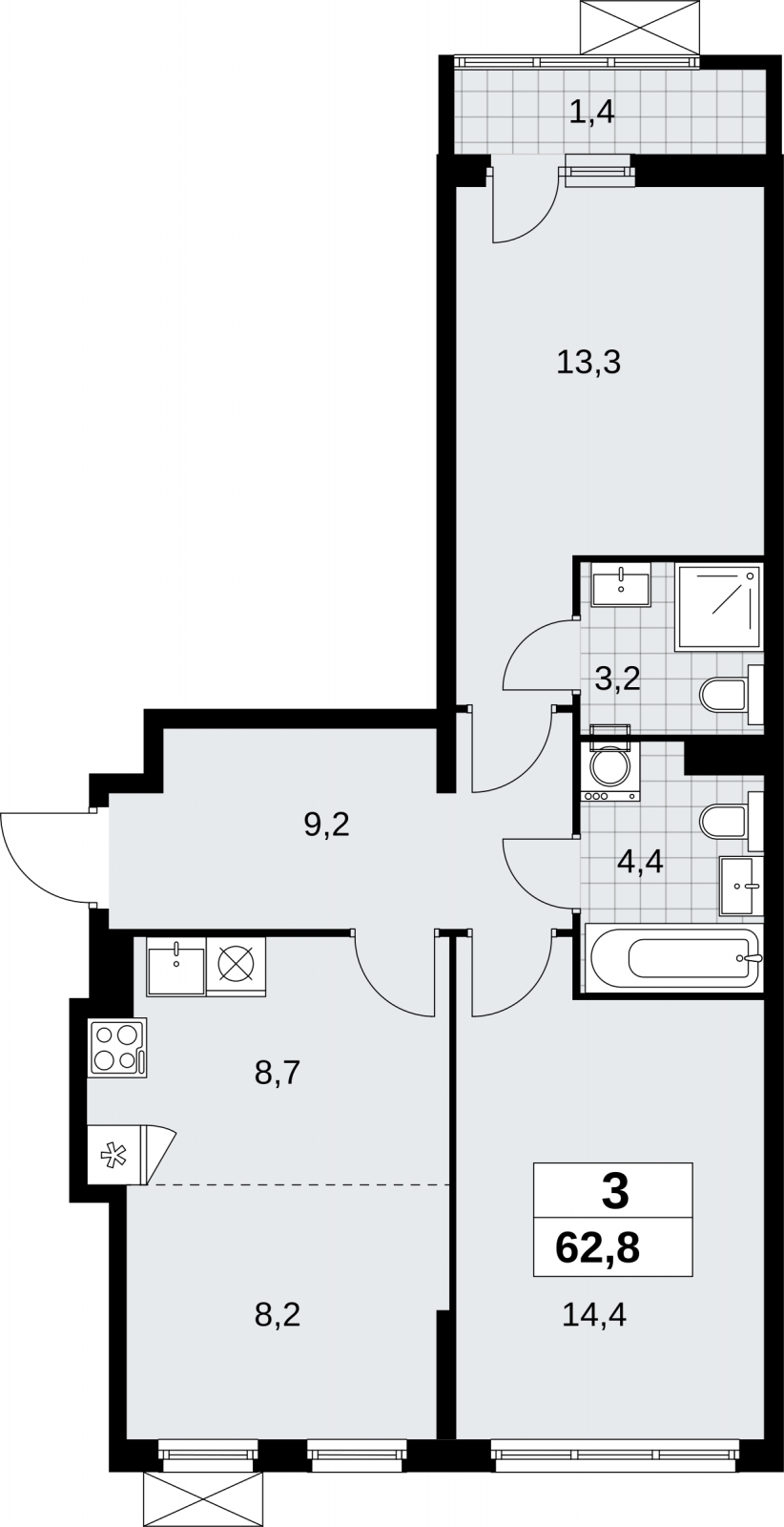 3-комнатная квартира с отделкой в Брусника в Академическом на 6 этаже в 1 секции. Сдача в 3 кв. 2026 г.