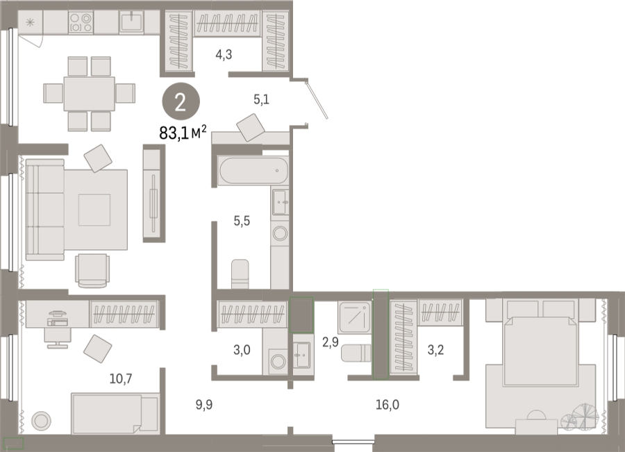 3-комнатная квартира в Жилой район Новый город на 2 этаже в 5 секции. Сдача в 2 кв. 2022 г.