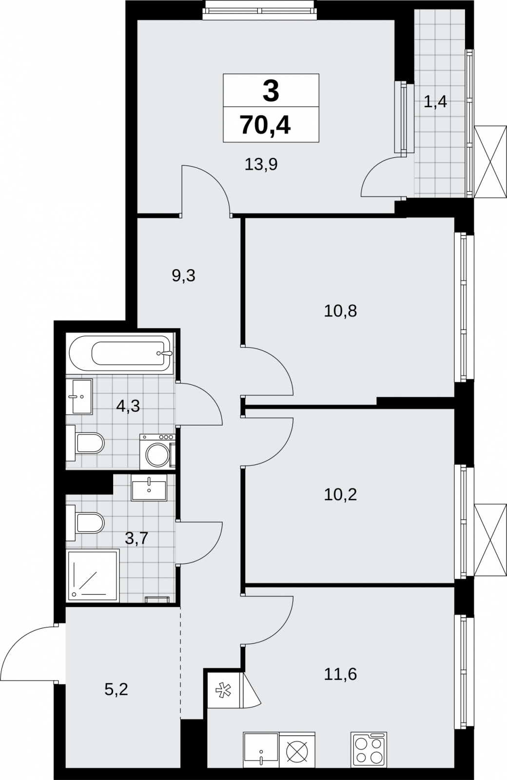 3-комнатная квартира с отделкой в Брусника в Академическом на 9 этаже в 8 секции. Сдача в 3 кв. 2026 г.