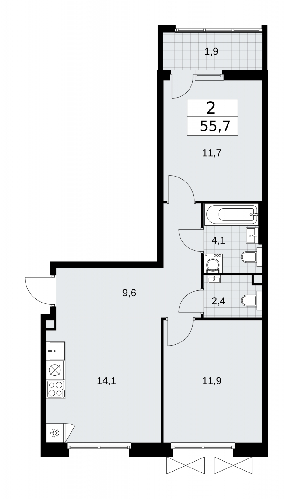 2-комнатная квартира в ЖК URAL на 16 этаже в 1 секции. Сдача в 4 кв. 2024 г.