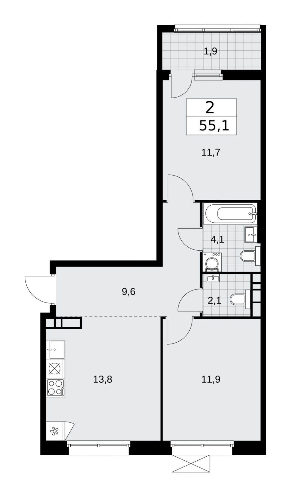 2-комнатная квартира с отделкой в Брусника в Академическом на 5 этаже в 1 секции. Сдача в 3 кв. 2026 г.
