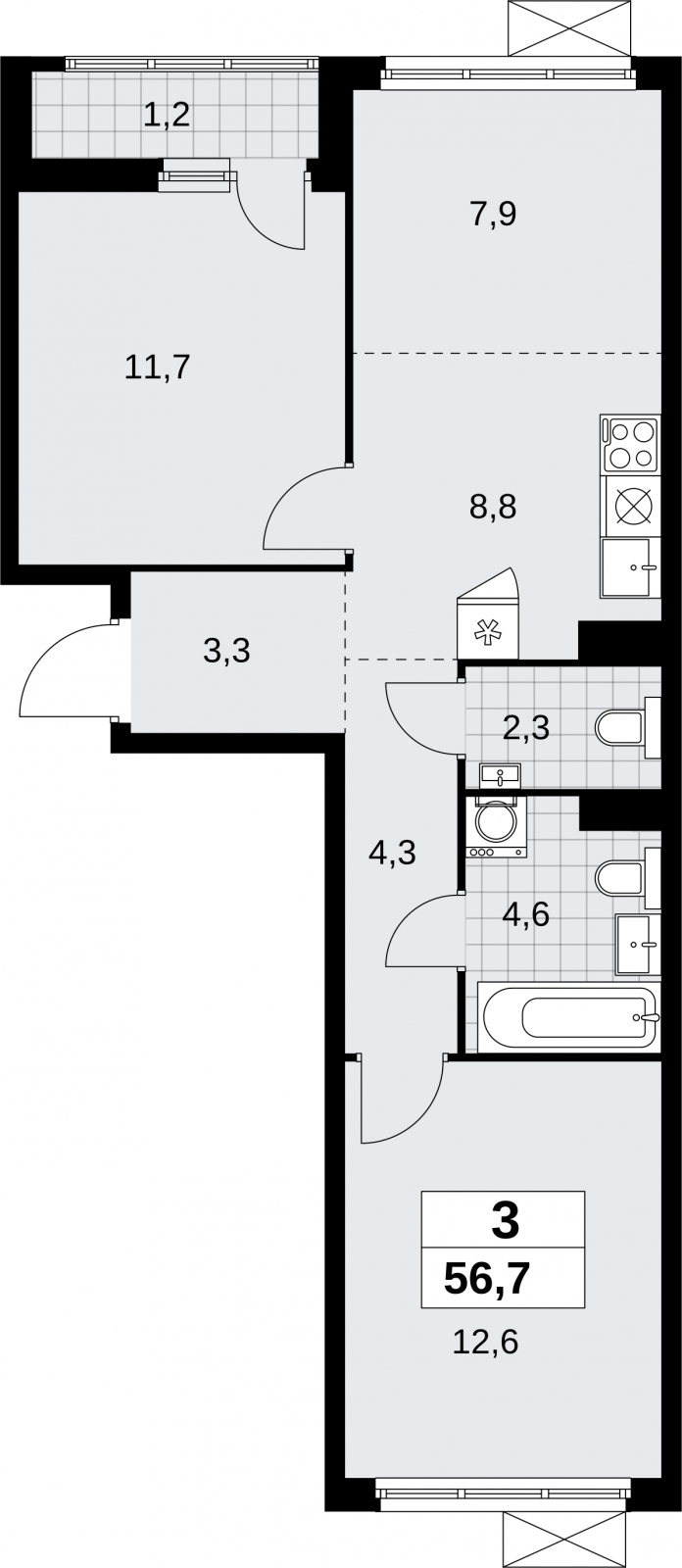 3-комнатная квартира с отделкой в Брусника в Академическом на 7 этаже в 8 секции. Сдача в 3 кв. 2026 г.