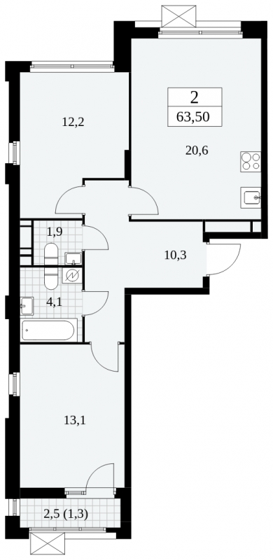 2-комнатная квартира в ЖК Скандинавия на 3 этаже в 2 секции. Сдача в 4 кв. 2024 г.