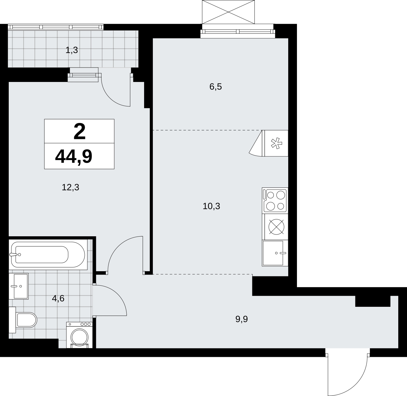 2-комнатная квартира в ЖК Дзен-кварталы на 7 этаже в 1 секции. Сдача в 1 кв. 2026 г.