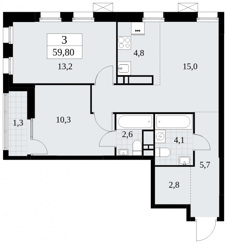 1-комнатная квартира с отделкой в Жилой район Южные кварталы на 2 этаже в 2 секции. Сдача в 3 кв. 2026 г.