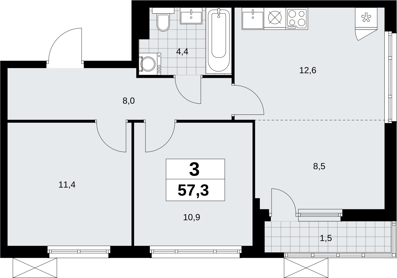 1-комнатная квартира с отделкой в Жилой район Южные кварталы на 2 этаже в 8 секции. Сдача в 3 кв. 2026 г.