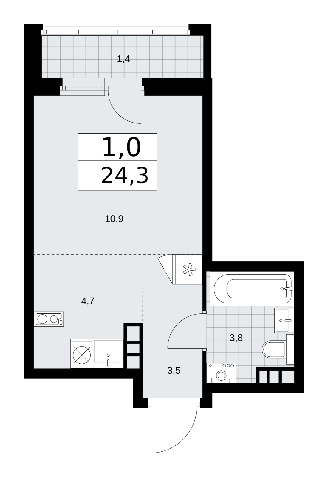 1-комнатная квартира (Студия) в ЖК Дзен-кварталы на 4 этаже в 4 секции. Сдача в 1 кв. 2026 г.