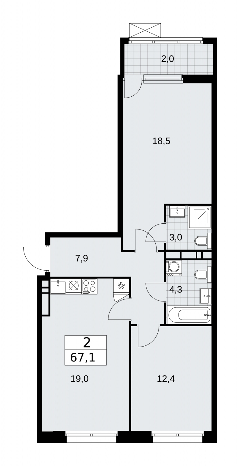 2-комнатная квартира с отделкой в Жилой район Южные кварталы на 2 этаже в 6 секции. Сдача в 3 кв. 2026 г.